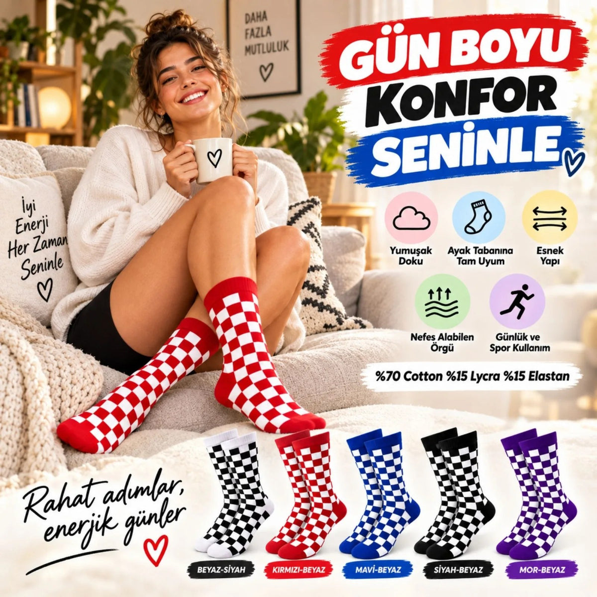 UNİSEX Çorap Dama Desenli Renkli 10'lu Set Kareli Uzun Soket Günlük Spor Eğlenceli Rahat Çorap Seti