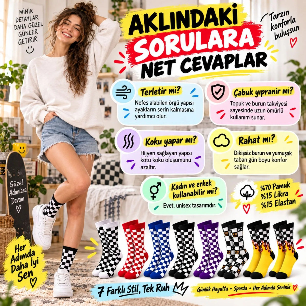 Kopya — UNİSEX Çorap Dama Desenli Renkli 14'lü Set Kareli Alev Baskılı Uzun Soket Günlük Spor Çorabı