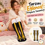 Kadın Diz Üstü Tavuk Ayağı 3'lü Desenli Çorap Siyah Sarı Uzun Eğlenceli Kostüm Parti Günlük Çorabı Modeli