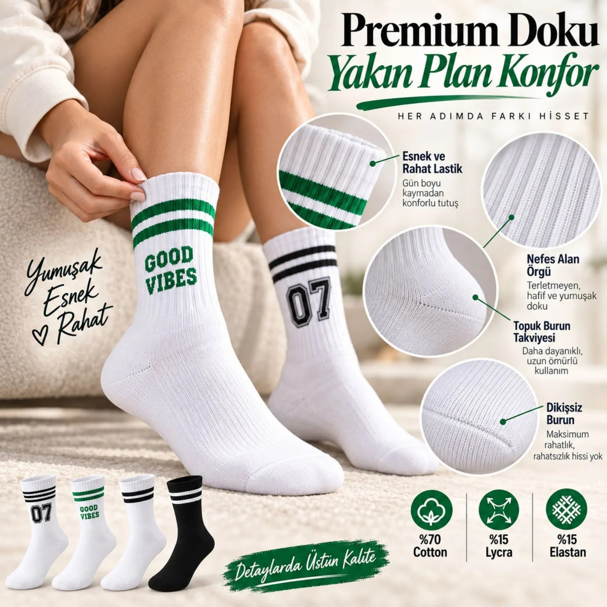 Unisex Çorap Çizgili 8'li Set 07 Good Vibes Baskılı Siyah Beyaz Uzun Soket Spor Kolej Stil Çorap