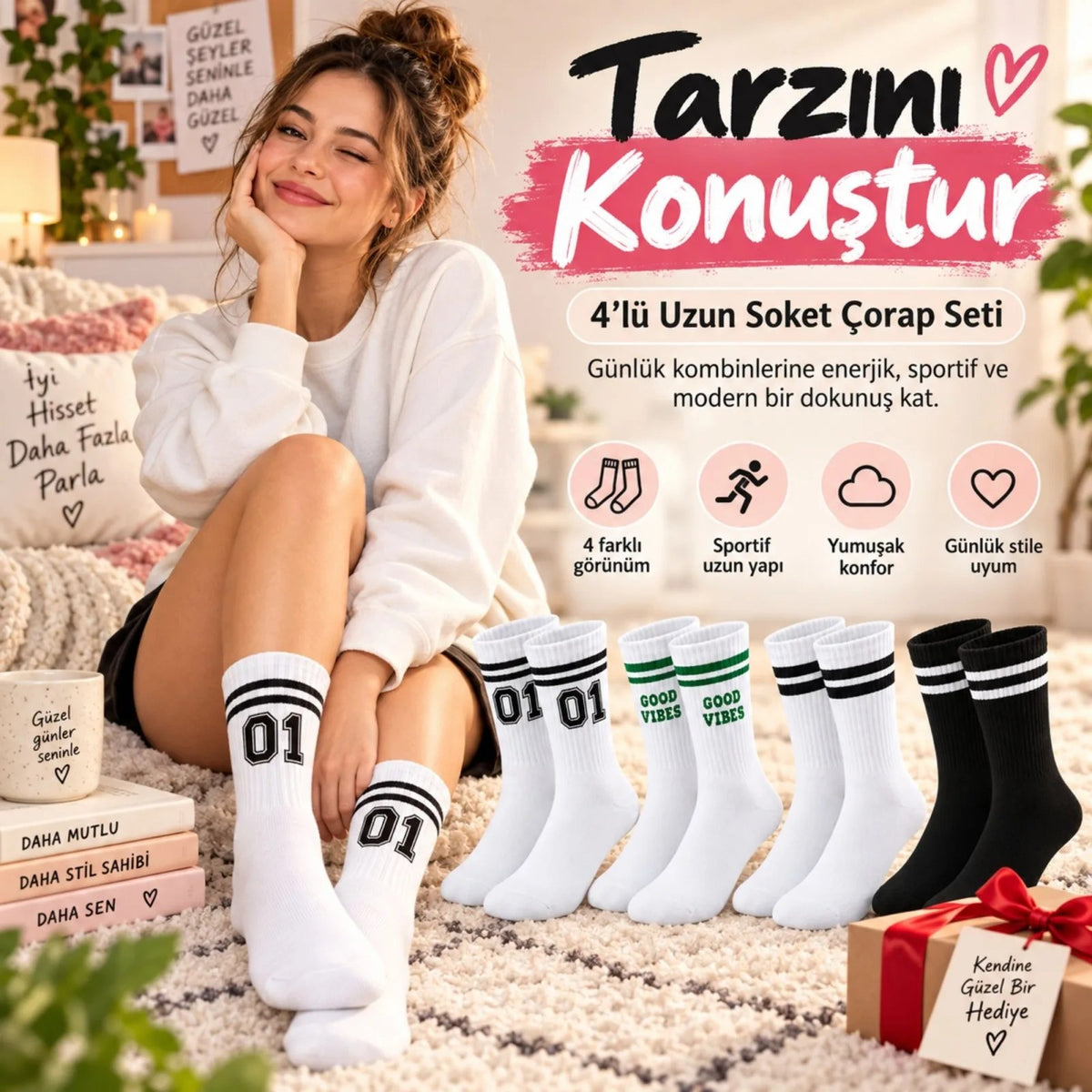 Unisex Çorap Çizgili 8'li Set 07 Good Vibes Baskılı Siyah Beyaz Uzun Soket Spor Kolej Stil Çorap