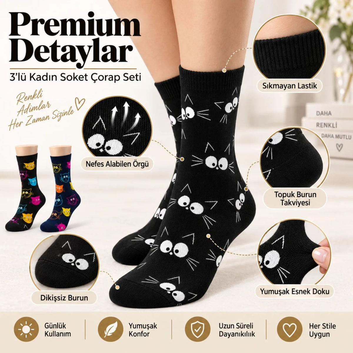 Unisex Kedi Desenli Çorap 3'lü Set Pamuklu Renkli Uzun Soket Dikişsiz Nefes Alan Rahat Günlük Çorap