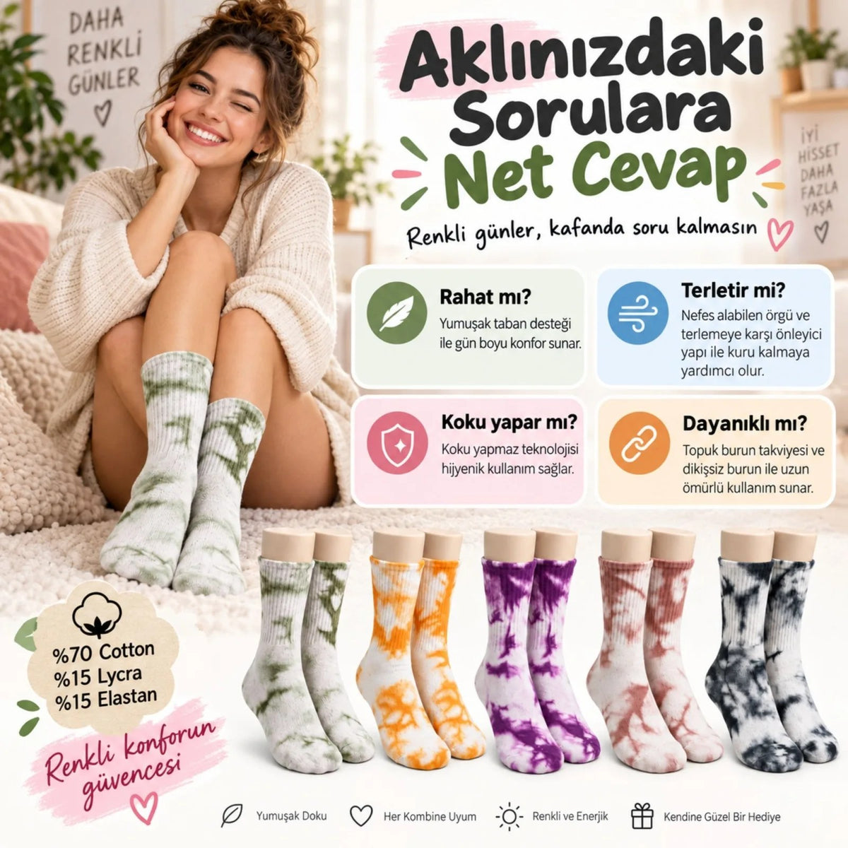 Unisex Batik Desenli Çorap 5'li Set Renkli Pamuklu Uzun Soket Dikişsiz Nefes Alan Günlük Spor Çorabı
