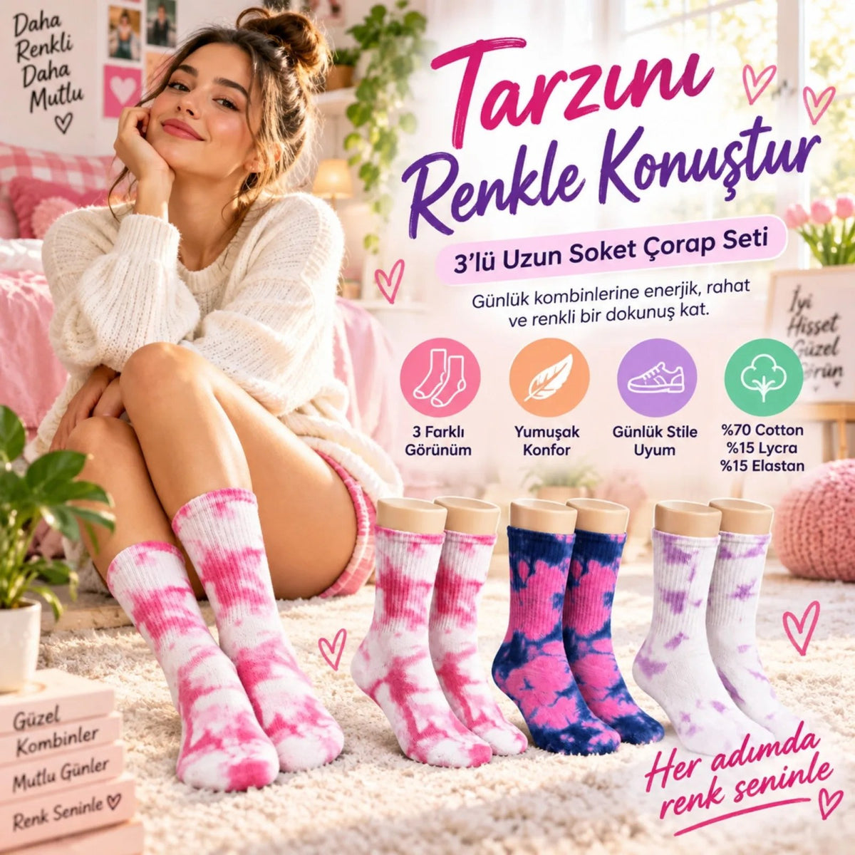 Unisex Batik Desenli Çorap 3'lü Set Pamuklu Renkli Uzun Soket Dikişsiz Nefes Alan Günlük Spor Çorabı