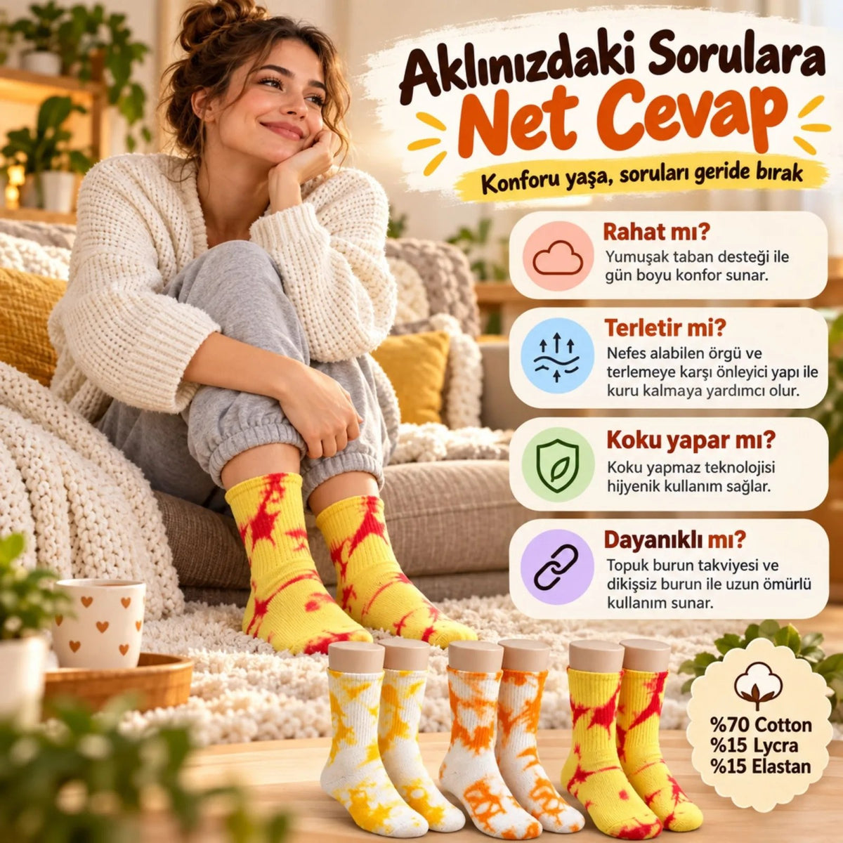 Unisex Batik Desenli Çorap 3'lü Set Pamuklu Renkli Uzun Soket Dikişsiz Nefes Alan Günlük Spor Çorabı