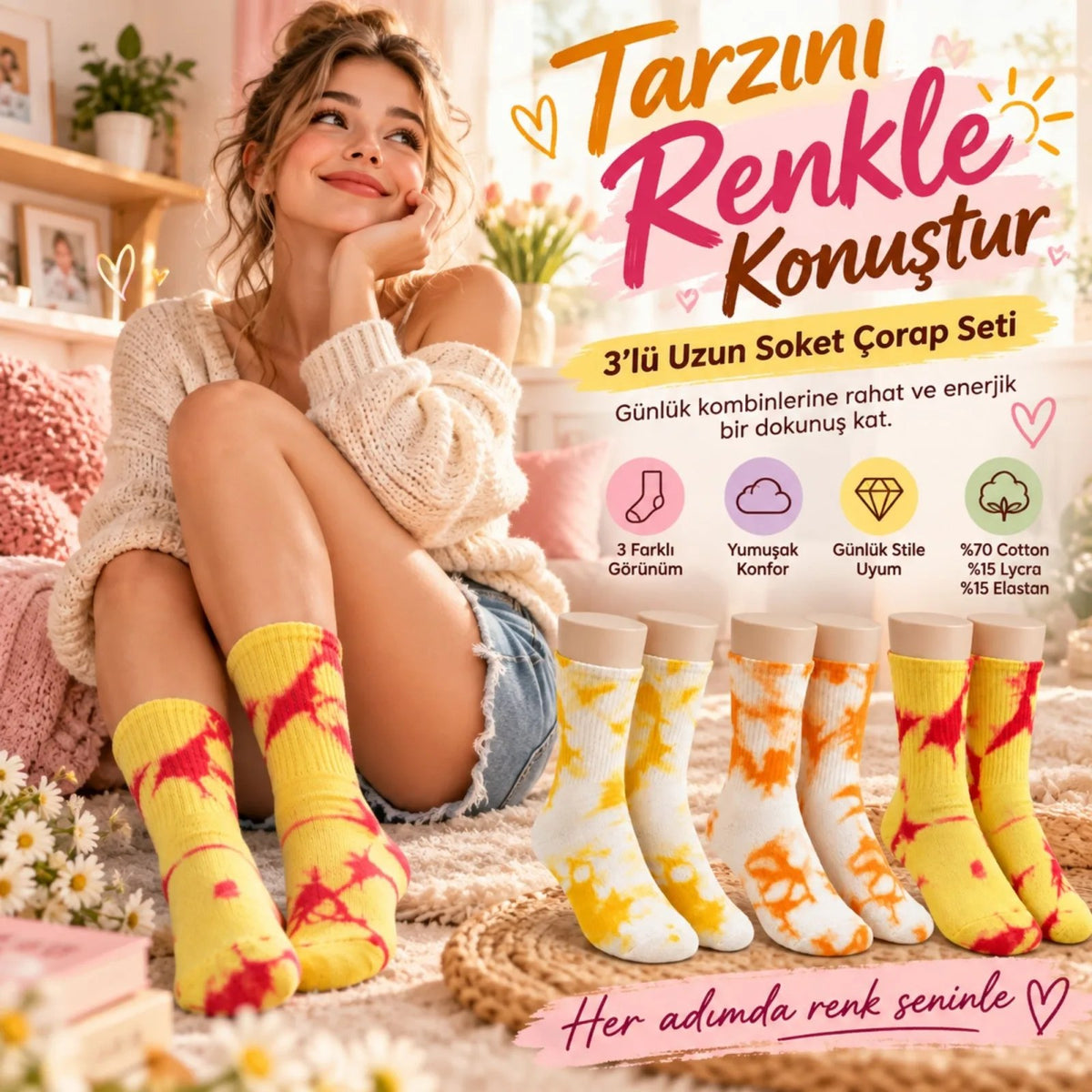 Unisex Batik Desenli Çorap 6'lı Set Pamuklu Renkli Uzun Soket Dikişsiz Nefes Alan Günlük Spor Çorabı