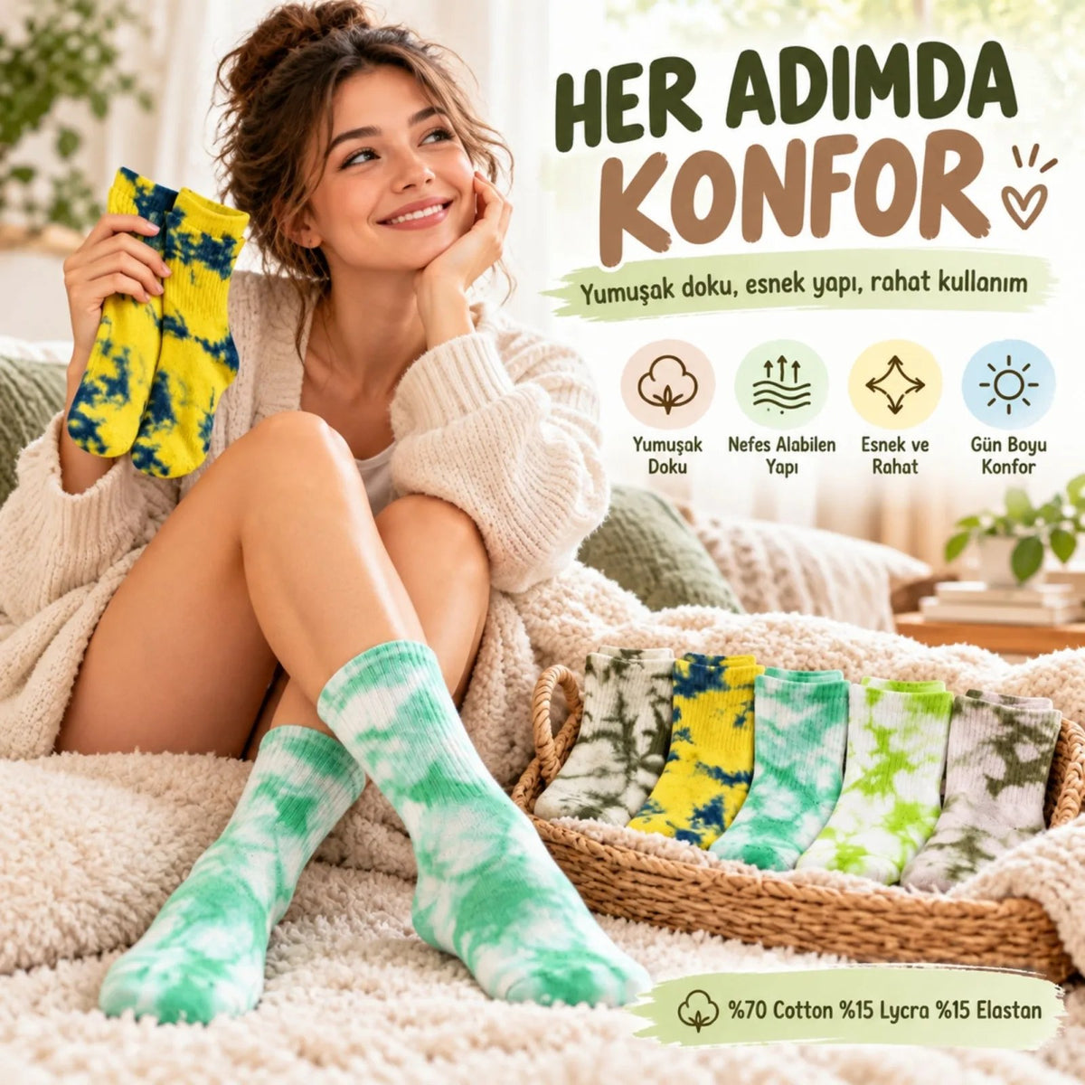 Unisex Batik Desenli Çorap 5'li Set Pamuklu Renkli Uzun Soket Dikişsiz Nefes Alan Günlük Spor Çorabı