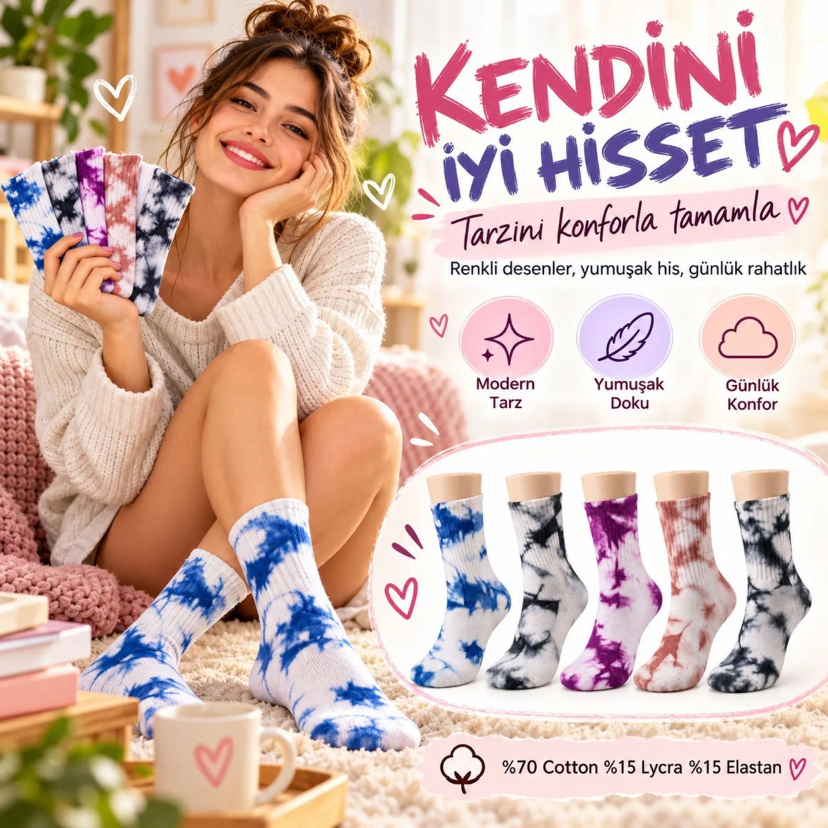 Unisex Batik Spor Çorap 10'lu Set Tie Dye Tenis Çorabı Koyu Retro Renkler Günlük Rahat Konforlu Stil