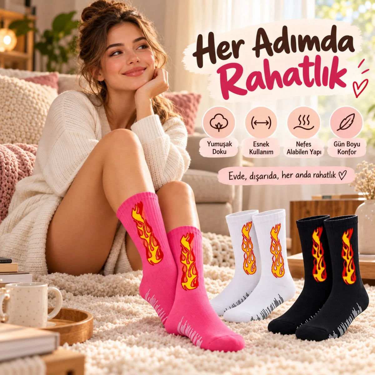 Unisex Alev Desenli Çorap 3'lü Set Pamuklu Uzun Soket Dikişsiz Nefes Alan Günlük Spor Çorabı Yumuşak