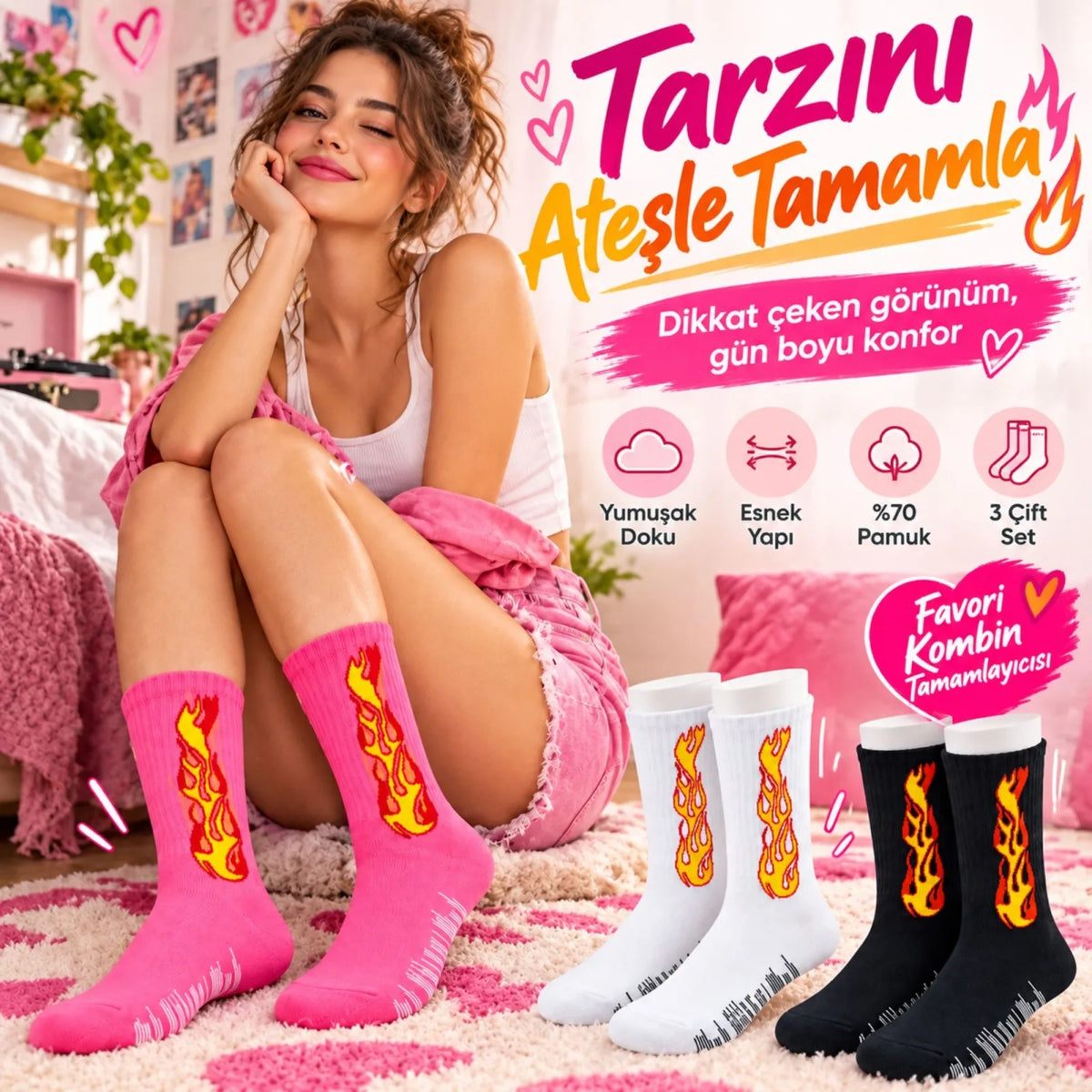 Unisex Alev Desenli Çorap 6'lı Set Pamuklu Uzun Soket Dikişsiz Nefes Alan Günlük Spor Çorabı Yumuşak