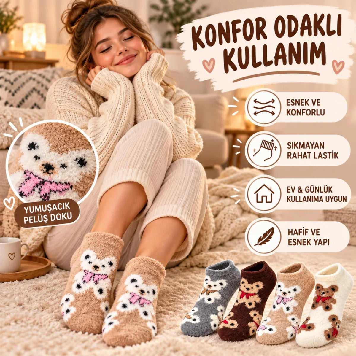 Kadın Ayıcık Desenli Yumoş Patik Çorap 8'li Set Peluş Yumuşak Sıcak Parfümlü Kışlık Rahat Çorap Seti