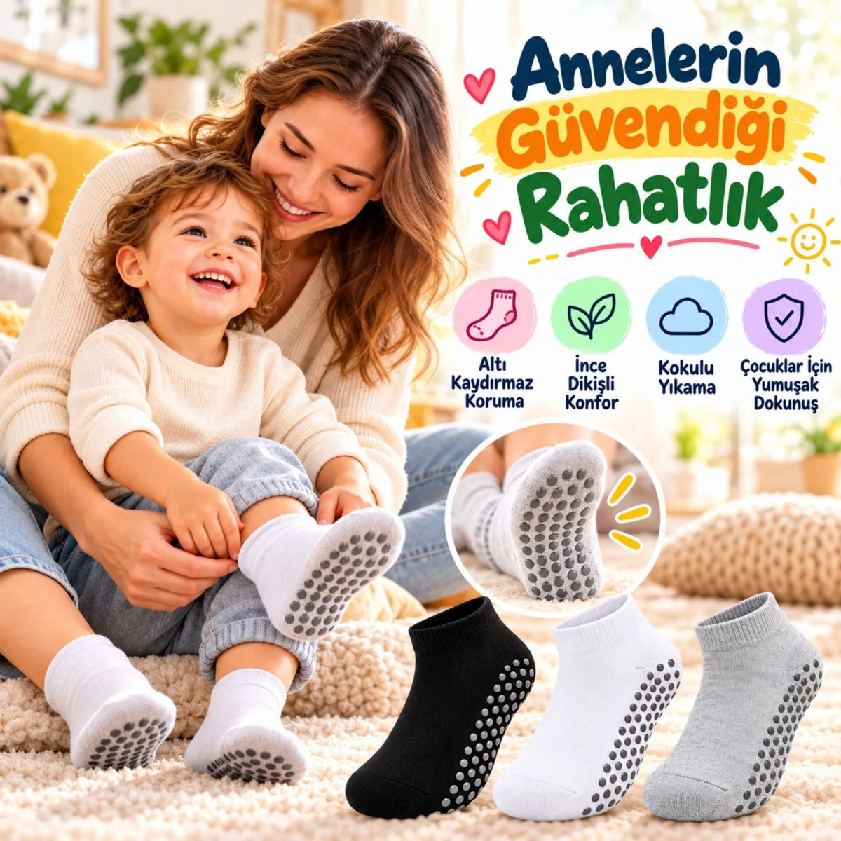 Çocuk Kaydırmaz Tabanlı Patik Çorap 3'lü Set Siyah Beyaz Gri Yumuşak Esnek Kokulu Günlük Çorap Rahat