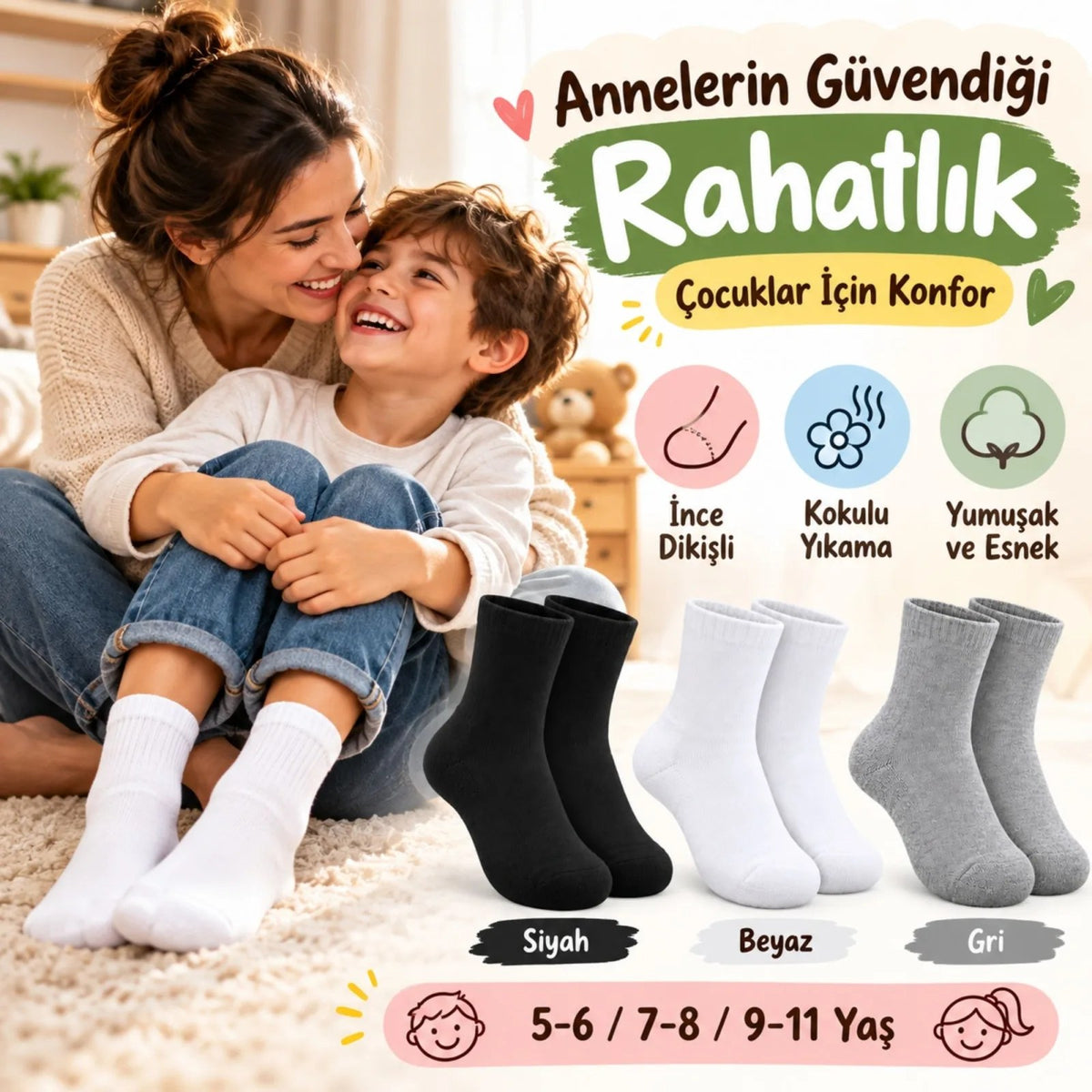 Çocuk Spor Çorap 3'lü Set Siyah Beyaz Gri İnce Dikişli Kokulu Yıkama Yumuşak Esnek Günlük Çorap Seti