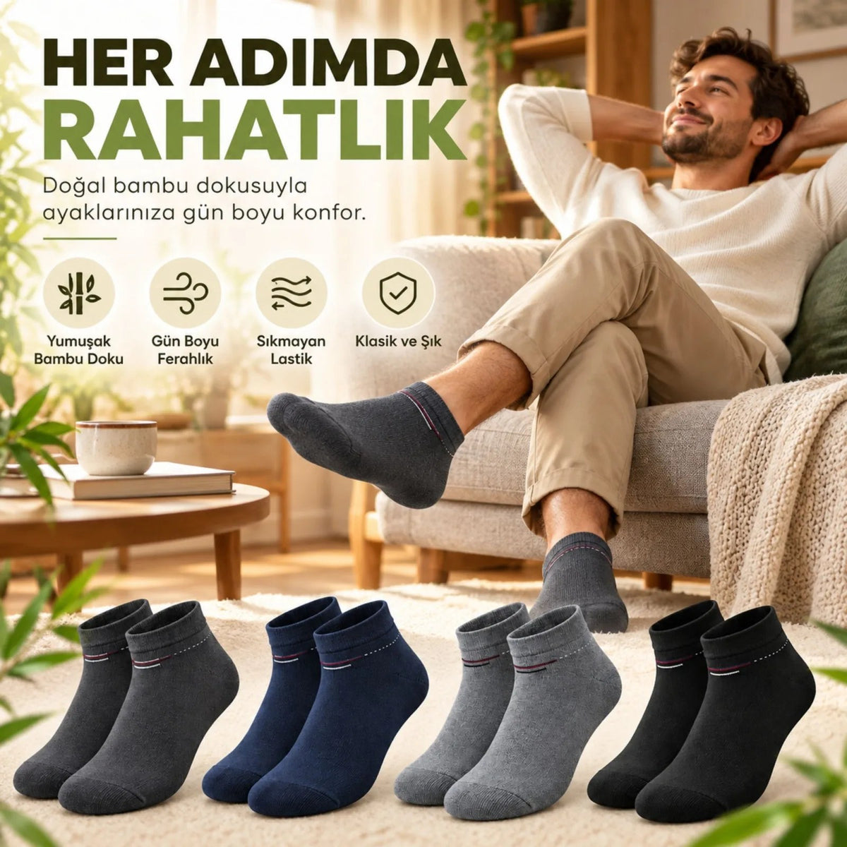 Erkek Bambu Patik Çorap 4'lü Set Yumuşak Dikişsiz Nefes Alan Sıkmayan Lastikli Günlük Rahat Çorap