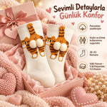 Kadın 2'li Kedi Desenli Ponponlu Soket Çorap Seti | Pembe Turuncu 3D Figürlü Sevimli Çorap Modelleri