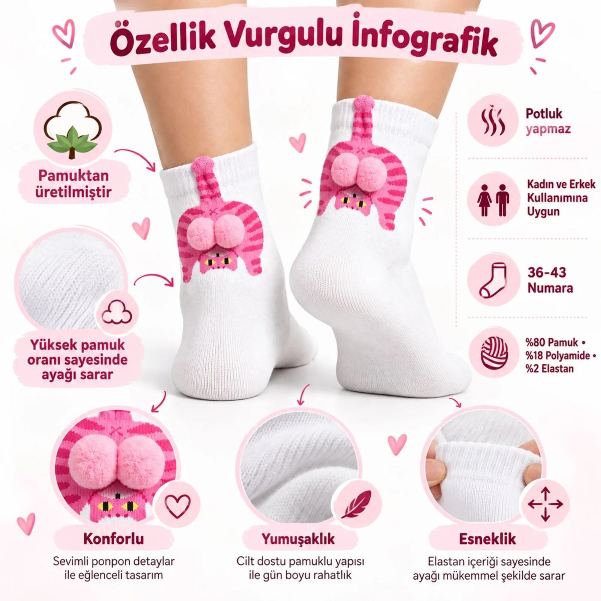 Kadın 4'lü Kedi Desenli 3D Ponponlu Soket Çorap Seti | Pembe Turuncu Tekir Kedi Figürlü Neşeli Çorap