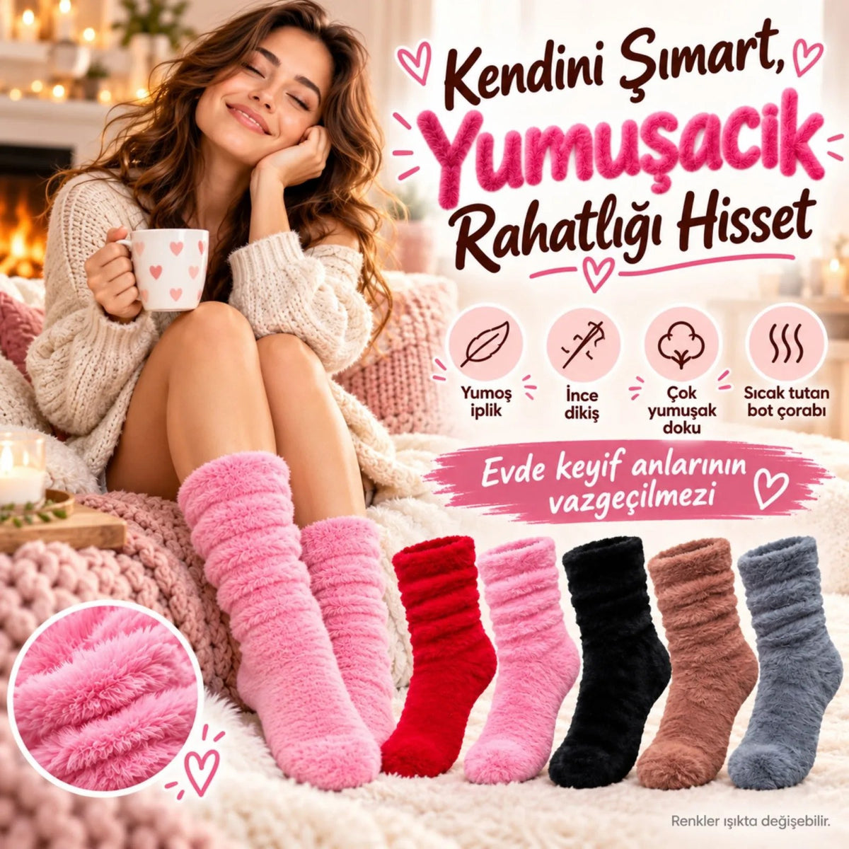 Kadın 5'li Peluş Ev Çorabı Seti | Yumuşacık Tüylü Kışlık Soket Çorap Kırmızı Pembe Siyah Kahve &amp; Gri