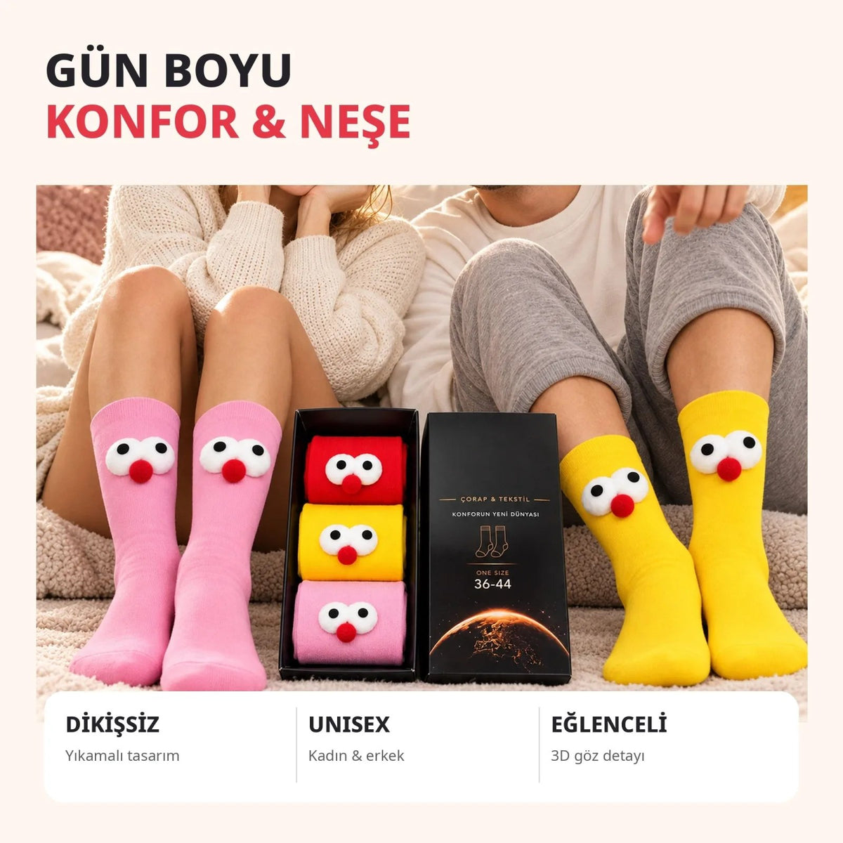 Kadın 3'lü Kutulu 3D Gözlü Soket Çorap Seti | Kırmızı, Sarı, Pembe Eğlenceli Hediyelik Çorap Paketi!