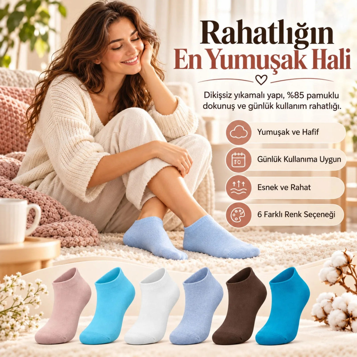 Kadın Dikişsiz Patik Çorap 12'li Kutulu Set | Yıkamalı Renkli Sneaker Çorabı Günlük Konfor Paketi