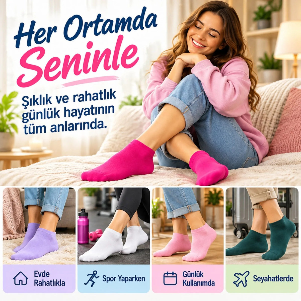 Kadın Yıkamalı Dikişsiz Patik Çorap 12'li Kutulu Set | Renkli Günlük Sneaker Çorabı Hediyelik Paket!