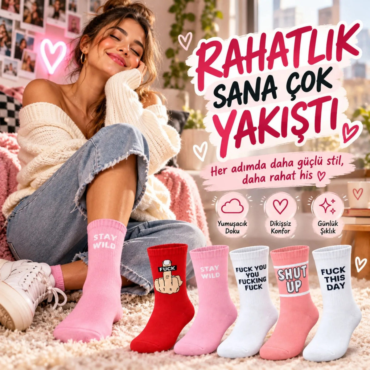 Unisex Yazılı Desenli Soket Çorap 5'li Set | Eğlenceli Sloganlı Renkli Günlük Uzun Çorap Modelleri Şık
