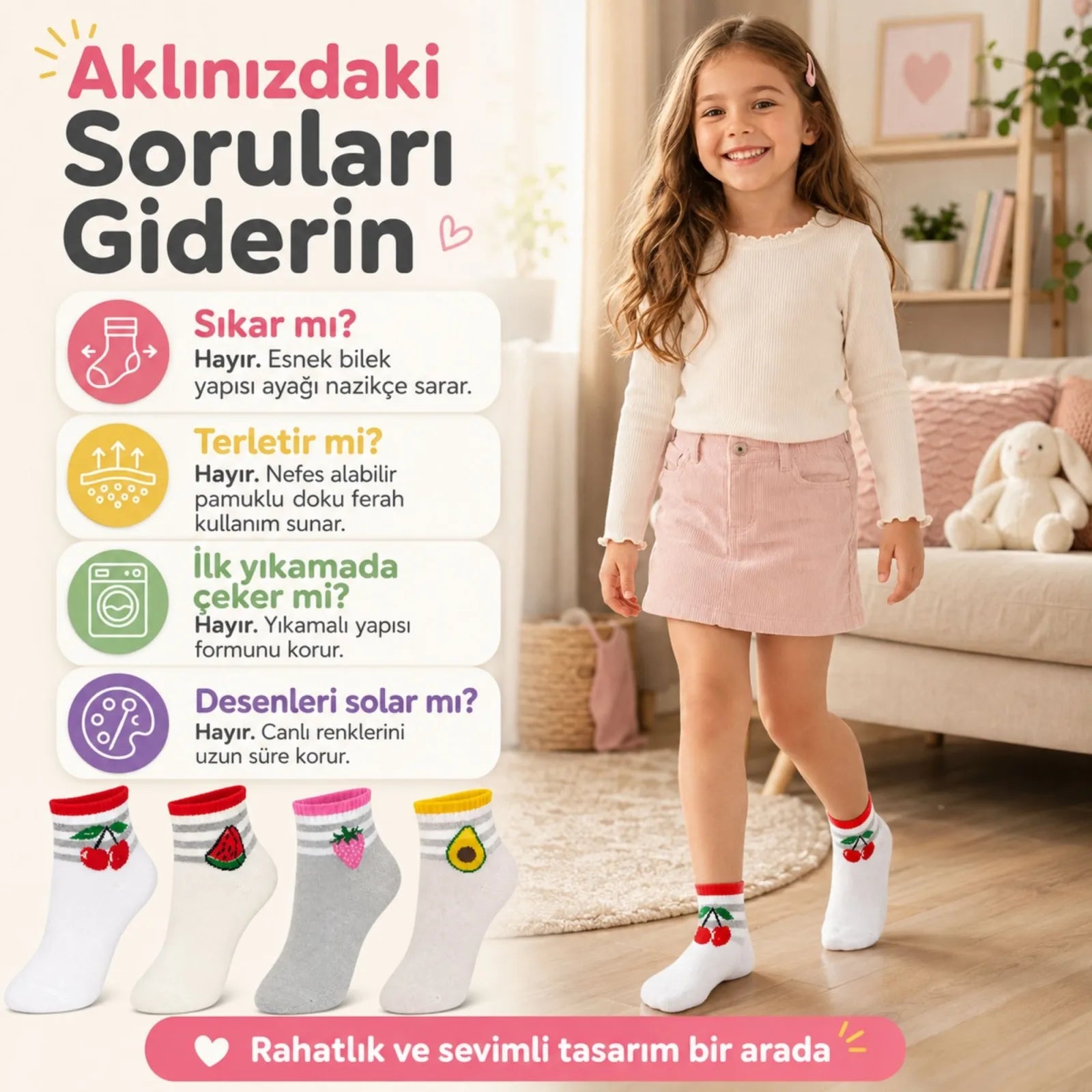 Kız Çocuk Pamuklu 4'lü Meyve Desenli Çorap Kiraz Karpuz Çilek Avokado Günlük Bilek Çorabı