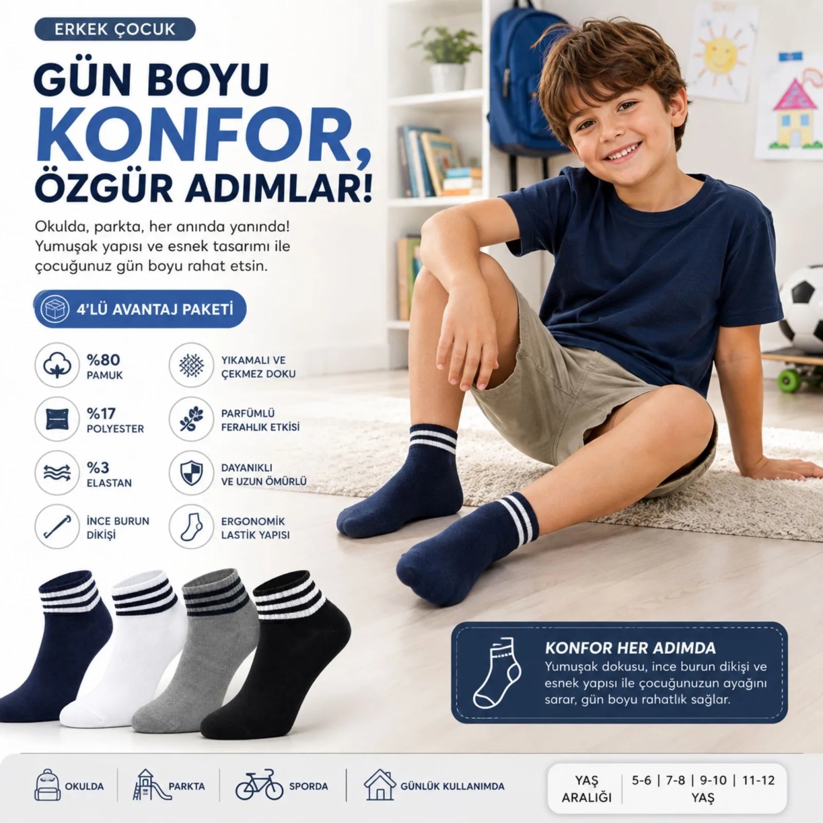 Erkek Çocuk 4'lü Pamuklu Çizgili Patik Çorap Nefes Alan Esnek Günlük Spor Okul Çorabı Rahat ve Dayanıklı
