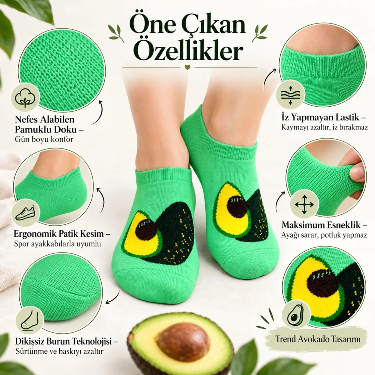 Kadın Avokado 3'lü Desenli Patik Çorap Pamuklu Dikişsiz Sneaker Uyumlu Eğlenceli Günlük Çorap