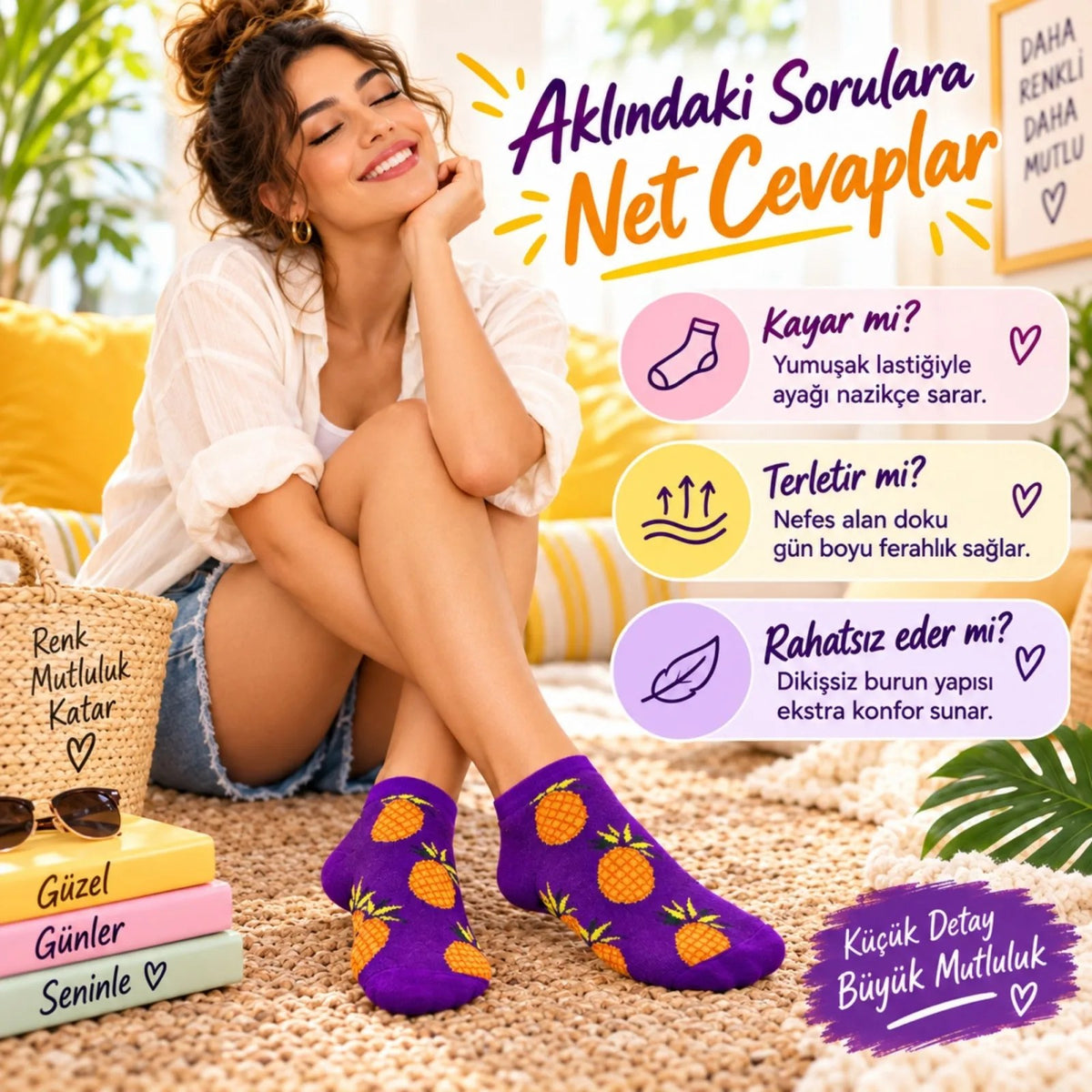 Kadın Mor Ananas Desenli Patik Çorap 3’lü Paket | Renkli, Rahat, Esnek ve Günlük Kısa Çorap Seti