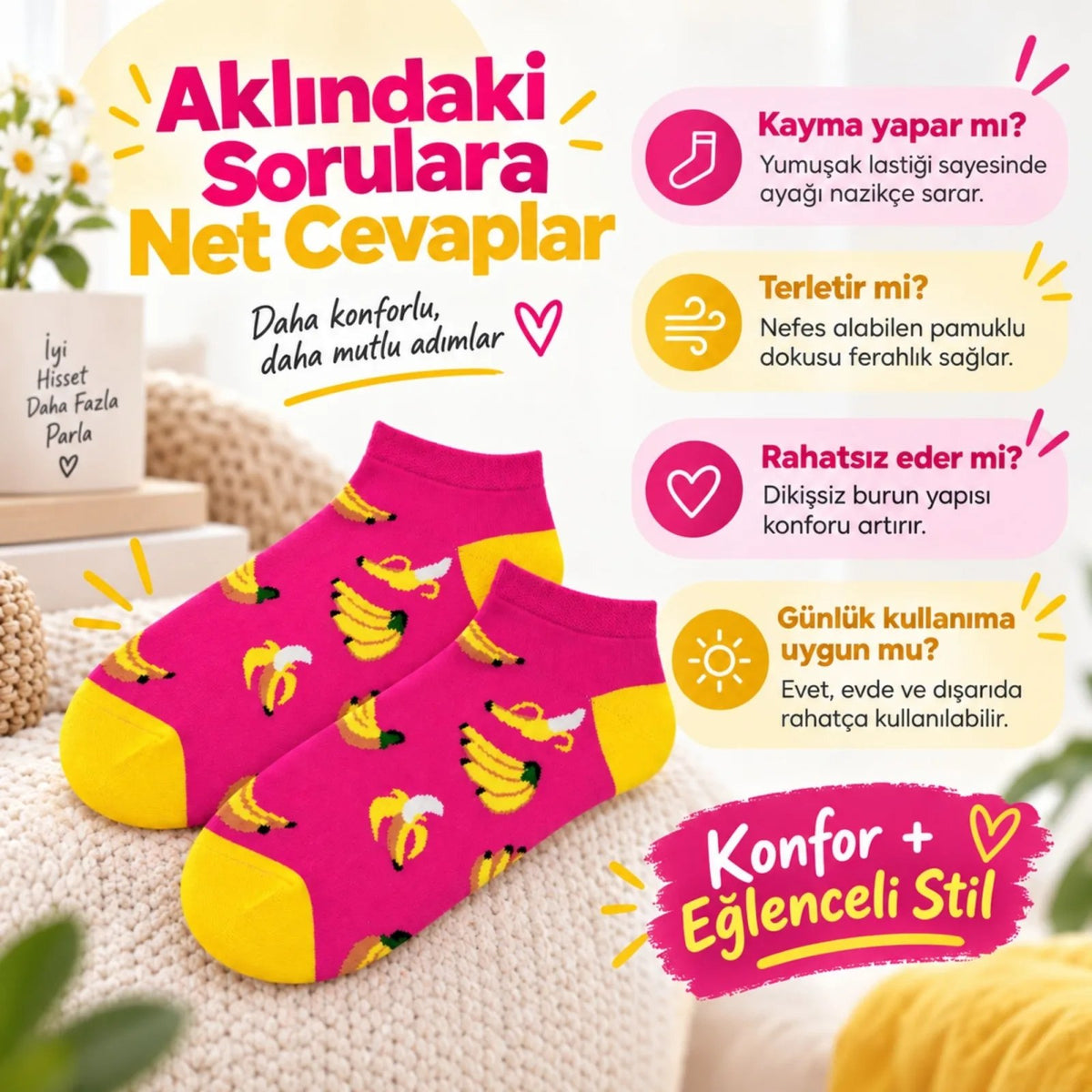 Kadın Pembe Muz Desenli Patik Çorap 3'lü Paket | Renkli, Rahat, Esnek ve Şık Günlük Kısa Çorap Seti