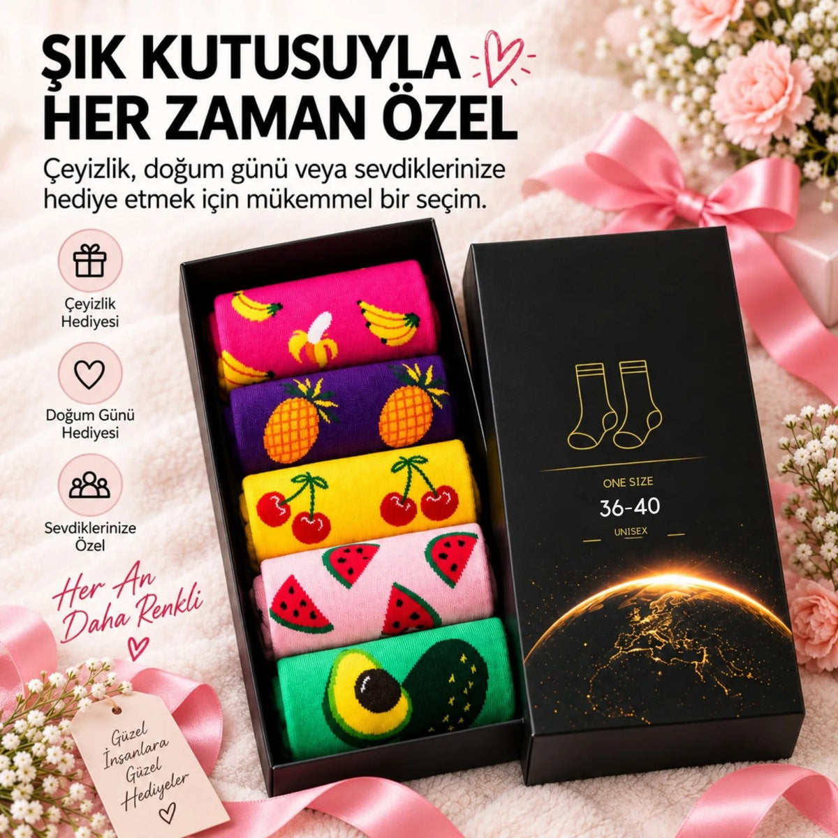 Meyve Desenli 5'li Bayan Patik Çorap Seti 36-40 | Premium Kutulu, Dikişsiz Pamuklu Hediye Çorap