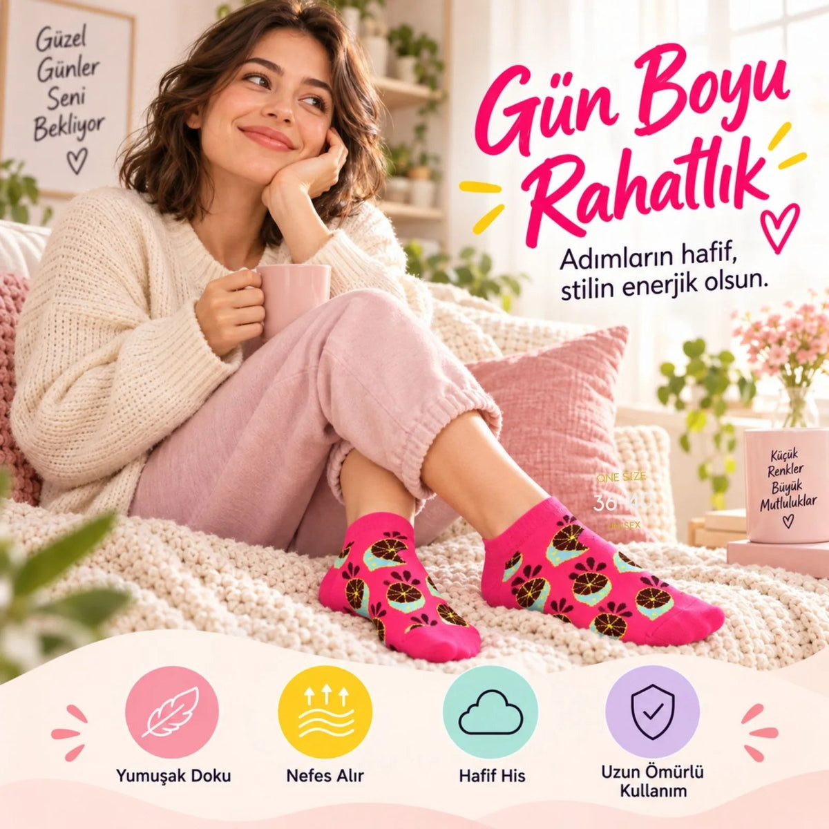 Kadın Fuşya Limon Desenli Patik Çorap 3'lü Paket | Renkli, Rahat ve Esnek Günlük Kısa Çorap