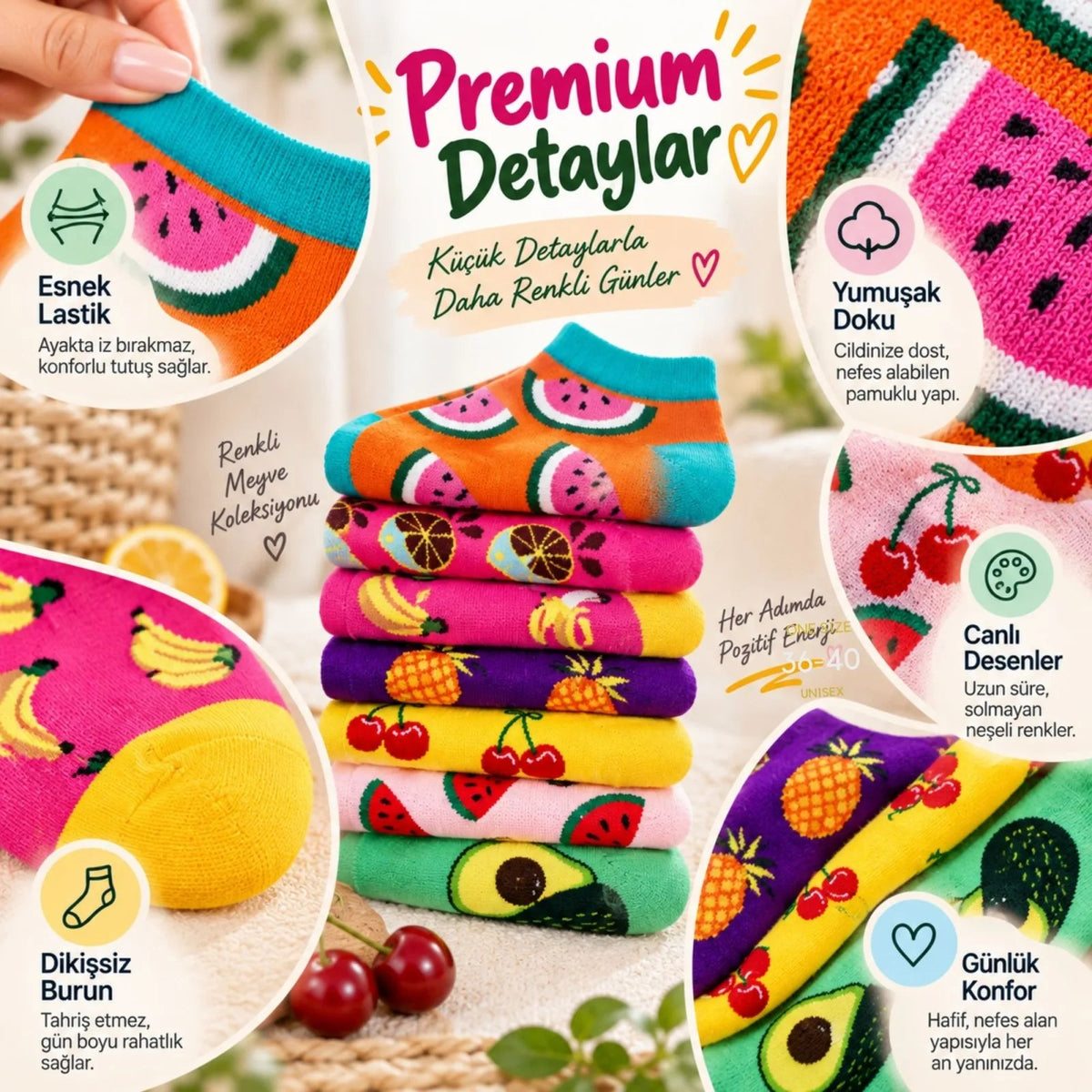 Kadın Meyve Desenli Patik Çorap 7'li Hediye Kutulu Set | Renkli, Rahat ve Esnek Günlük Çorap