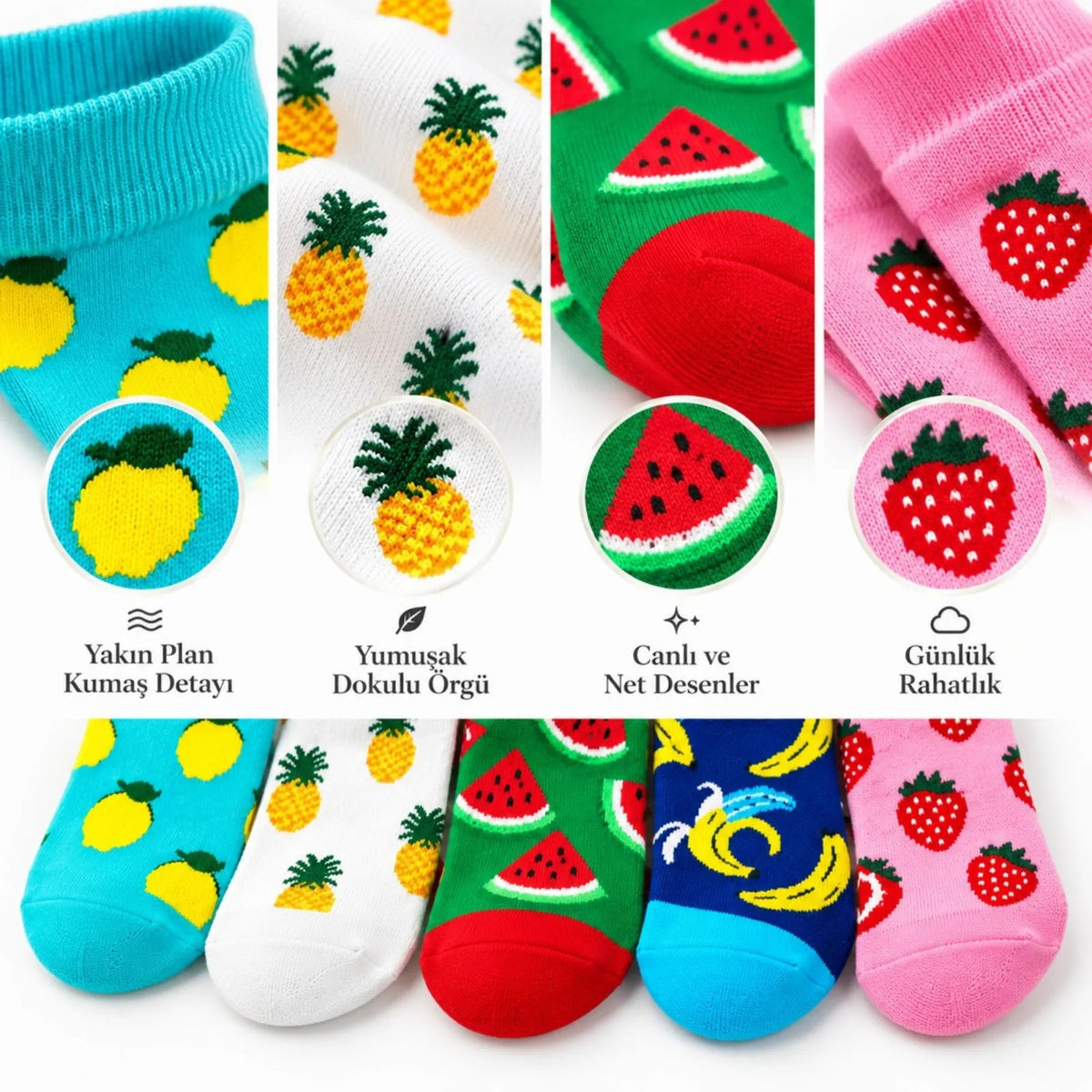Kadın Çorap Meyve Desenli Renkli 5'li Set Limon Ananas Karpuz Muz Çilek Uzun Soket Günlük Çorap Seti