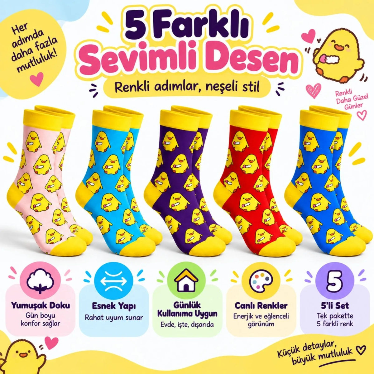Kadın Çorap Civciv Desenli Renkli ve 10'lu Set Uzun Soket Eğlenceli Günlük Kadın Çorabı 5 Farklı Renk
