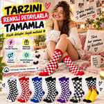 Kopya — UNİSEX Çorap Dama Desenli Renkli 14'lü Set Kareli Alev Baskılı Uzun Soket Günlük Spor Çorabı