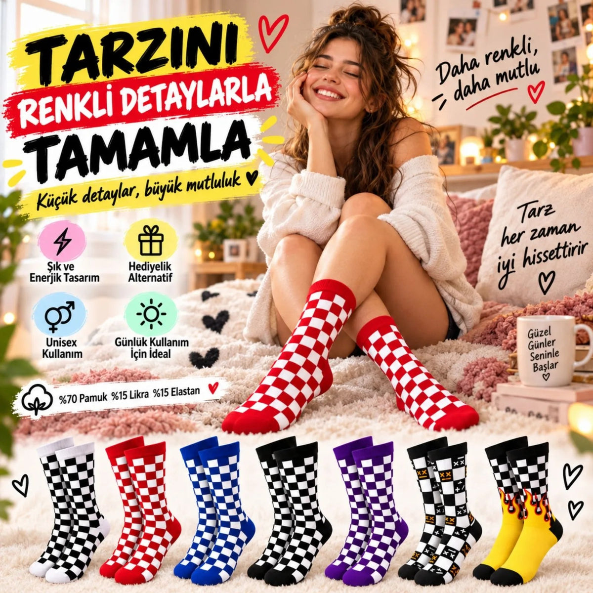 UNİSEX Çorap Dama Desenli Renkli 7'li Set Kareli Alev Baskılı Uzun Soket Günlük Spor Çorabı