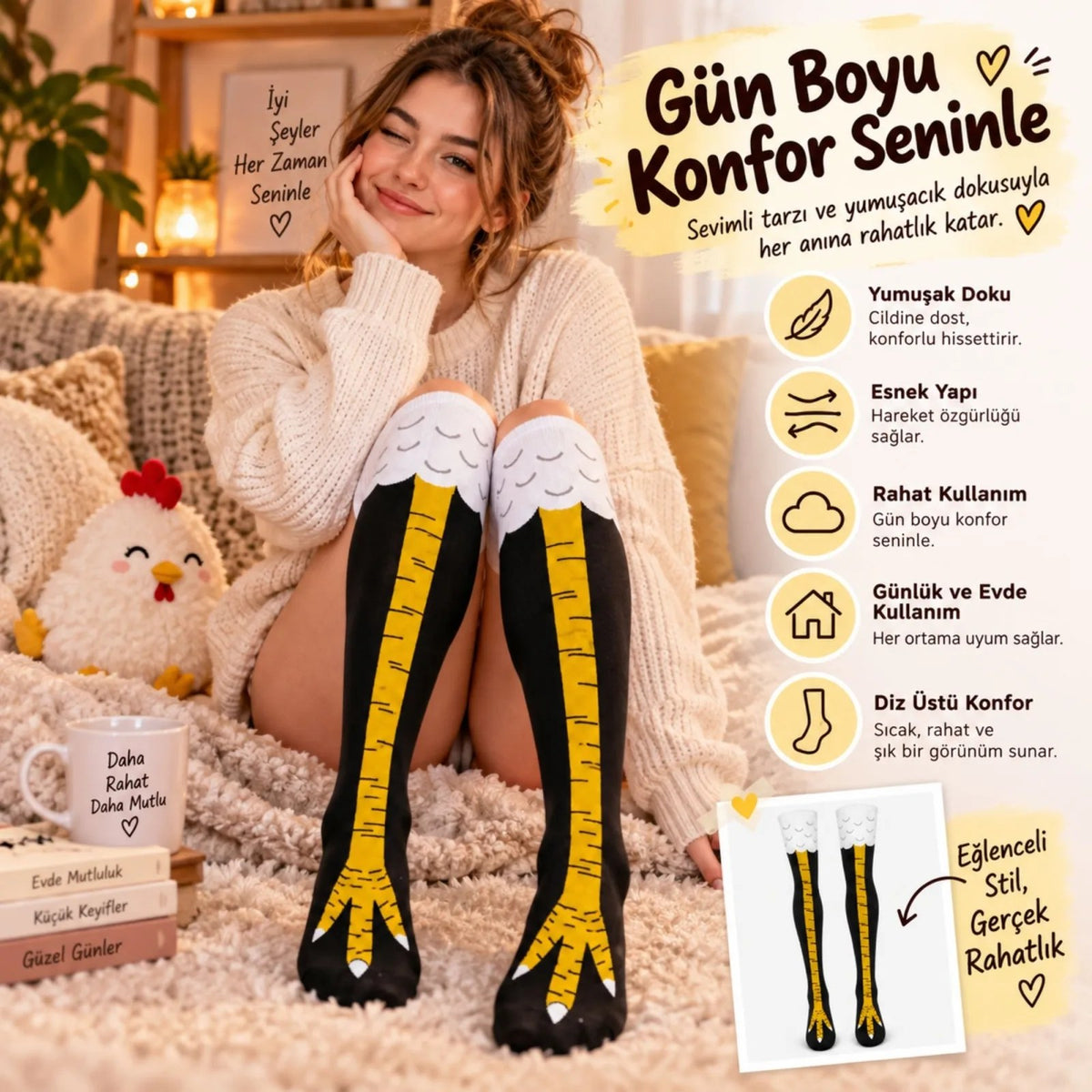 Kadın Diz Üstü Tavuk Ayağı 3'lü Desenli Çorap Siyah Sarı Uzun Eğlenceli Kostüm Parti Günlük Çorabı Modeli