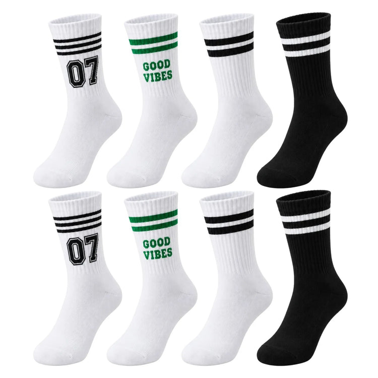 Unisex Çorap Çizgili 8'li Set 07 Good Vibes Baskılı Siyah Beyaz Uzun Soket Spor Kolej Stil Çorap