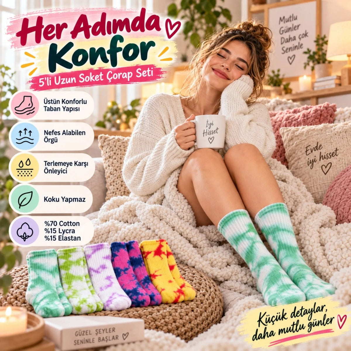 Unisex Batik Desenli Çorap 5'li Set Renkli Pamuklu Uzun Soket Dikişsiz Nefes Alan Günlük Spor Çorabı