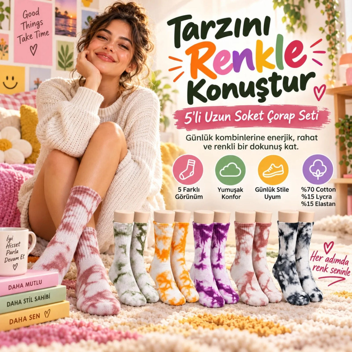 Unisex Batik Desenli Çorap 5'li Set Renkli Pamuklu Uzun Soket Dikişsiz Nefes Alan Günlük Spor Çorabı