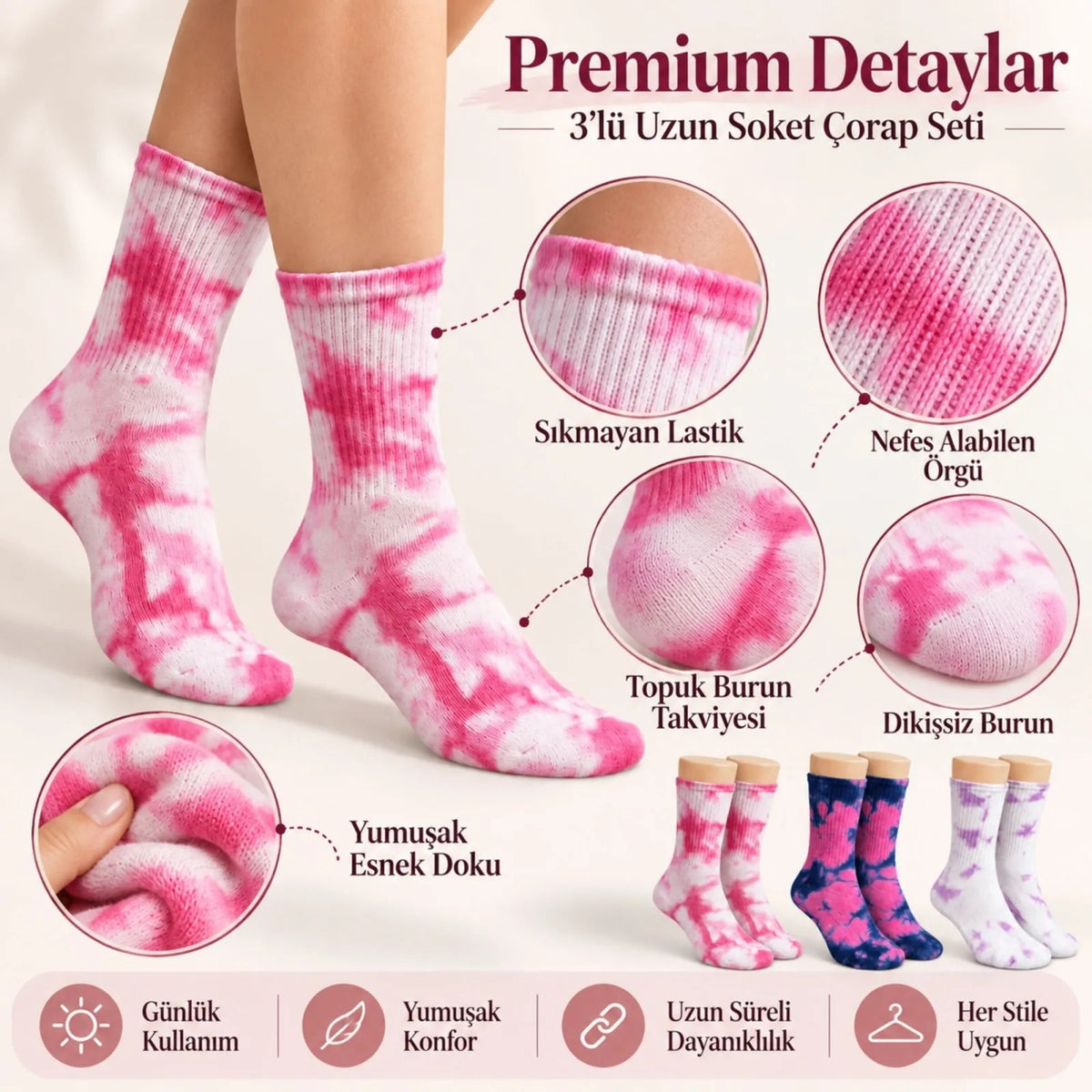 Unisex Batik Desenli Çorap 3'lü Set Pamuklu Renkli Uzun Soket Dikişsiz Nefes Alan Günlük Spor Çorabı