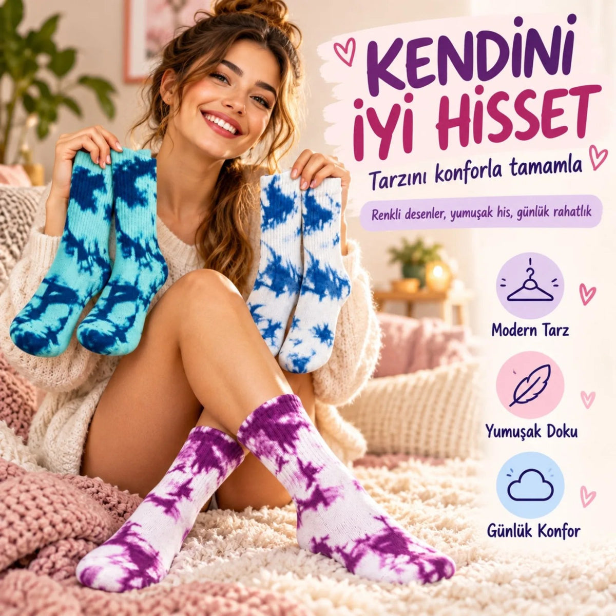 Unisex Batik Desenli Çorap 3'lü Set Pamuklu Renkli Uzun Soket Dikişsiz Nefes Alan Spor Çorabı Günlük