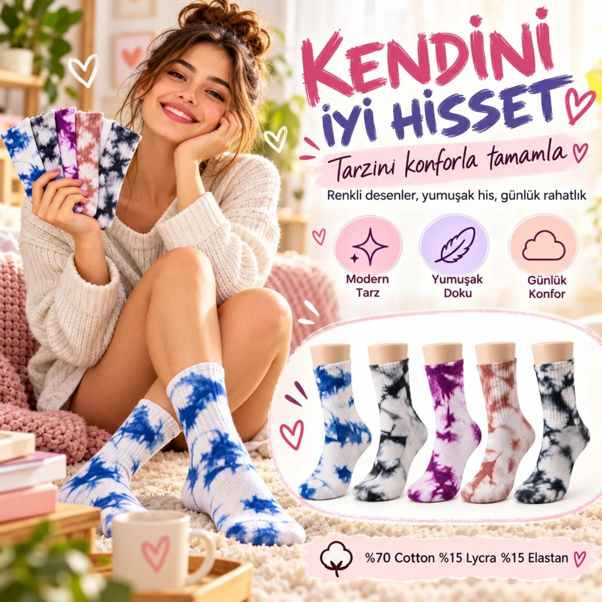 Unisex Batik Desenli Çorap 5'li Set Pamuklu Renkli Uzun Soket Dikişsiz Nefes Alan Günlük Spor Çorabı