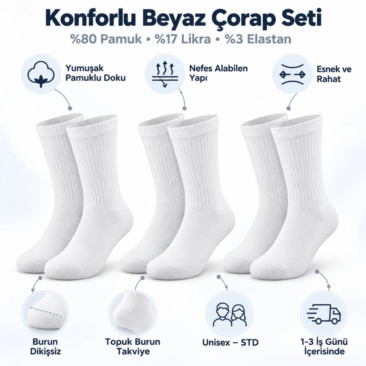 Unisex Basic Siyah Beyaz Soket Çorap 6'lı Set Kadın Erkek Spor Günlük Uzun Ribanalı Rahat Çorap Set