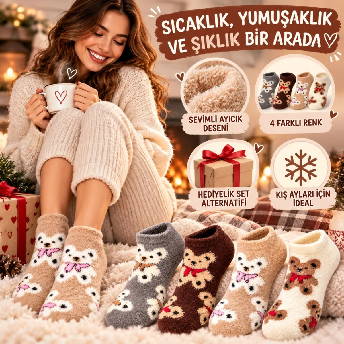 Kadın Ayıcık Desenli Yumoş Patik Çorap 8'li Set Peluş Yumuşak Sıcak Parfümlü Kışlık Rahat Çorap Seti