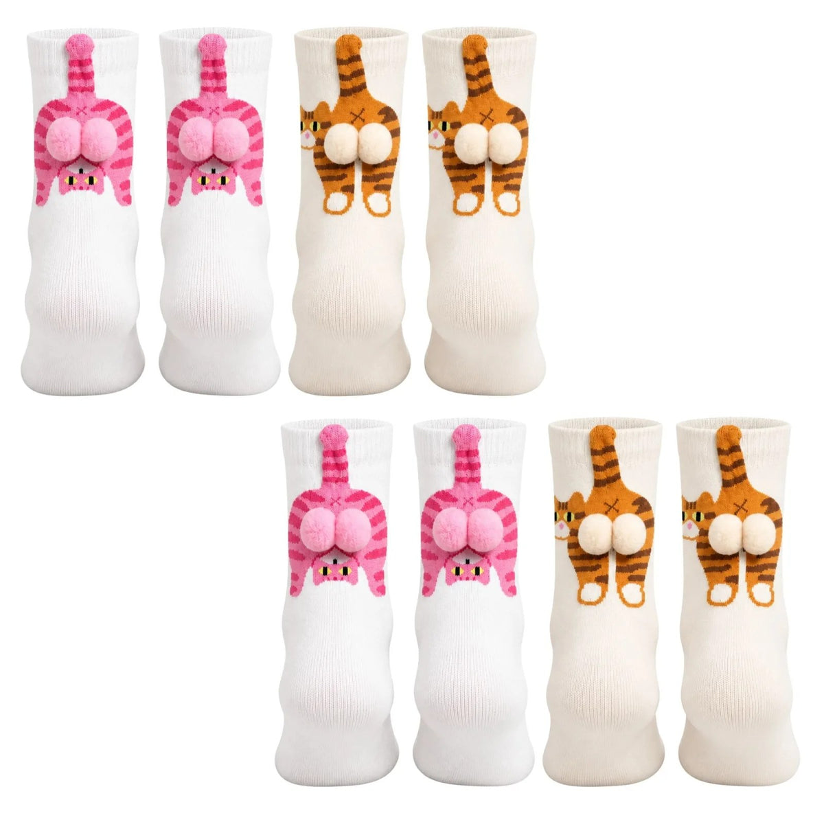 Kadın 4'lü Kedi Desenli 3D Ponponlu Soket Çorap Seti | Pembe Turuncu Tekir Kedi Figürlü Neşeli Çorap