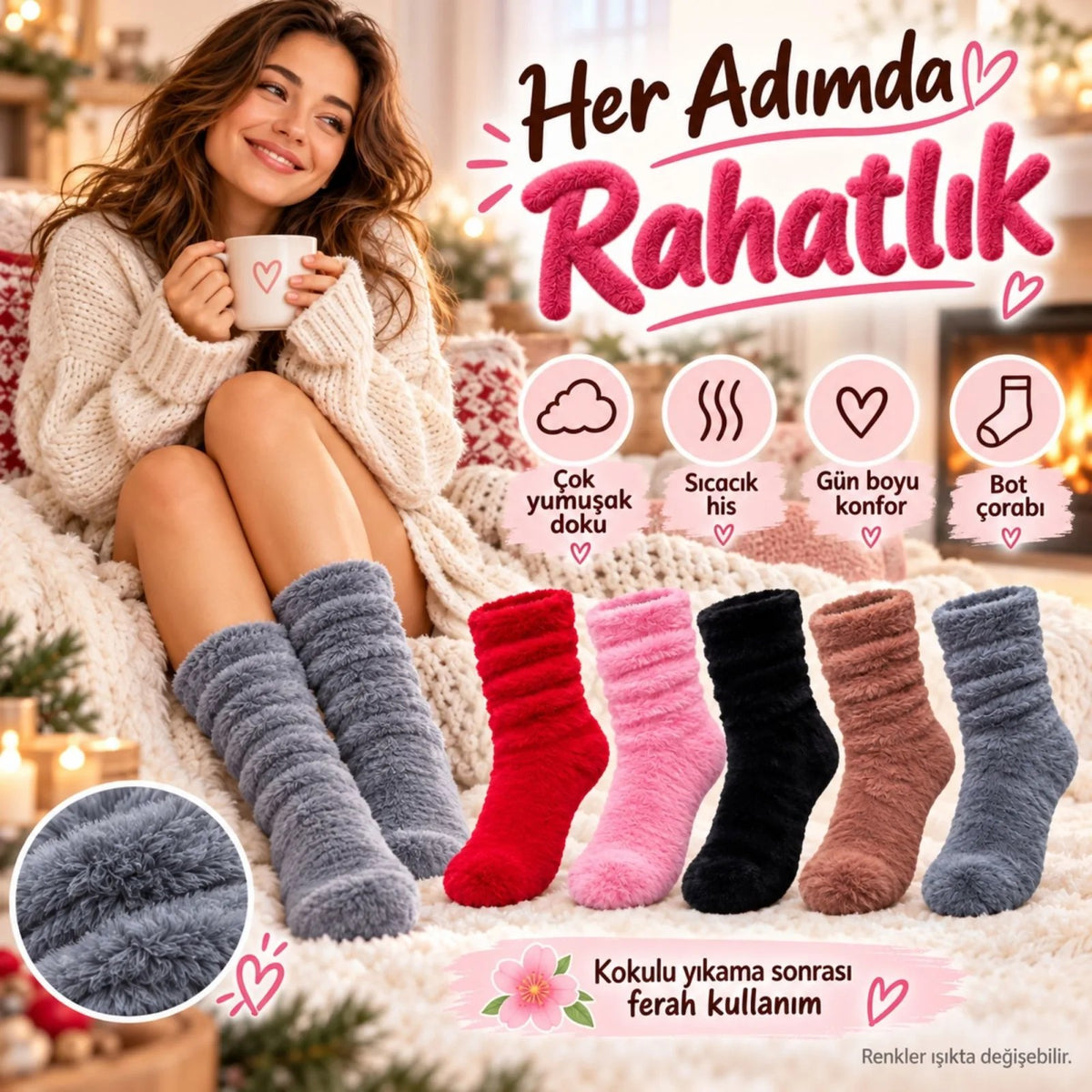 Kadın Peluş Ev Çorabı 10'lu Set | Yumuşacık Tüylü Büzgülü Kışlık Çorap Kırmızı Pembe Siyah Kahve Gri