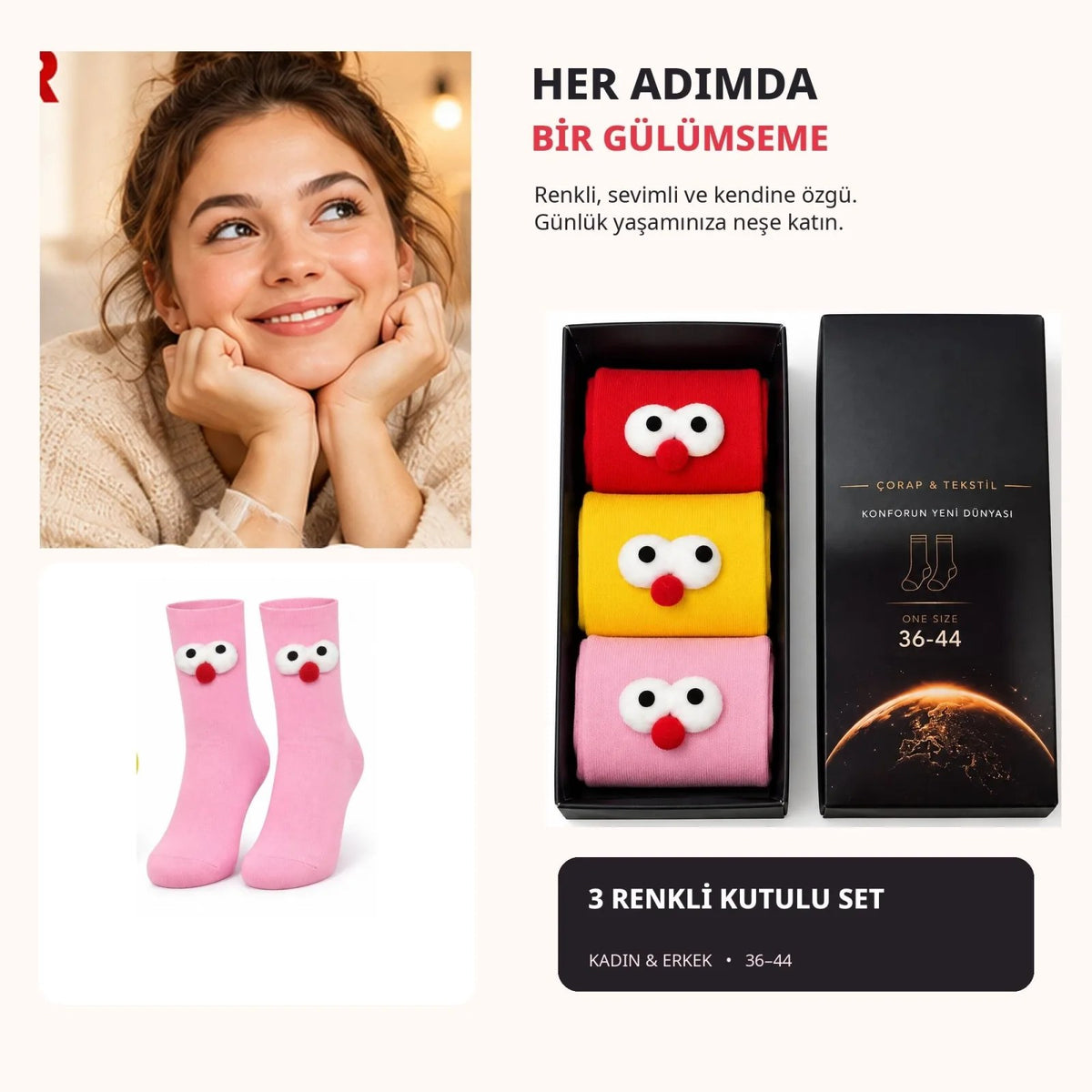 Kadın 3'lü Kutulu 3D Gözlü Soket Çorap Seti | Kırmızı, Sarı, Pembe Eğlenceli Hediyelik Çorap Paketi!