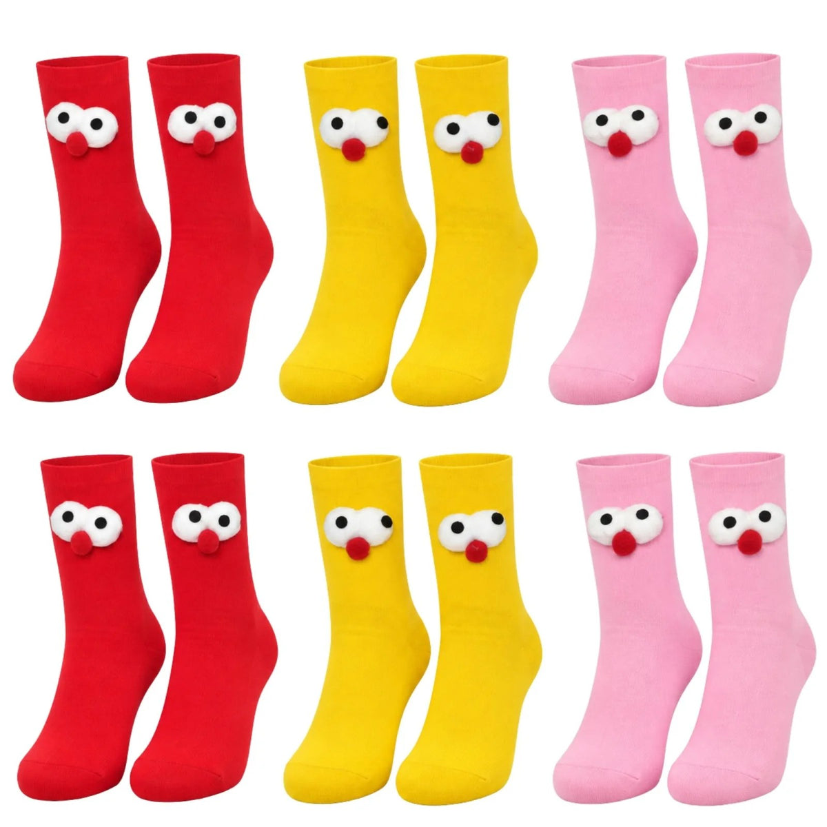 Kutulu 3D Gözlü Ponponlu Soket Çorap 6'lı Set | Kırmızı Sarı Pembe Renkli Eğlenceli Hediyelik Çorap!